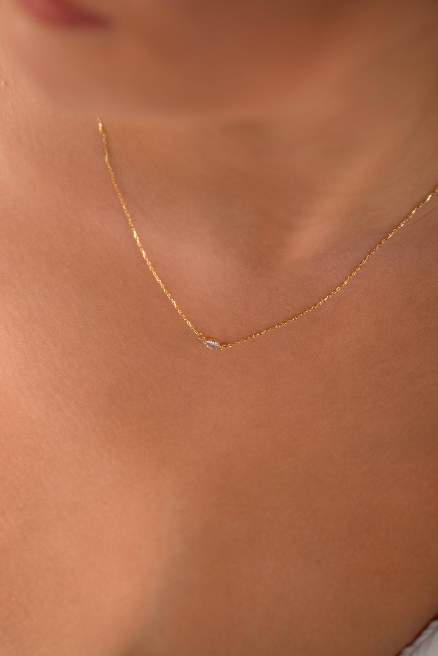 14K Gold Marquise Gemstone Necklace – Dainty Bezel Set Necklace in Yellow, White or Rose Gold
