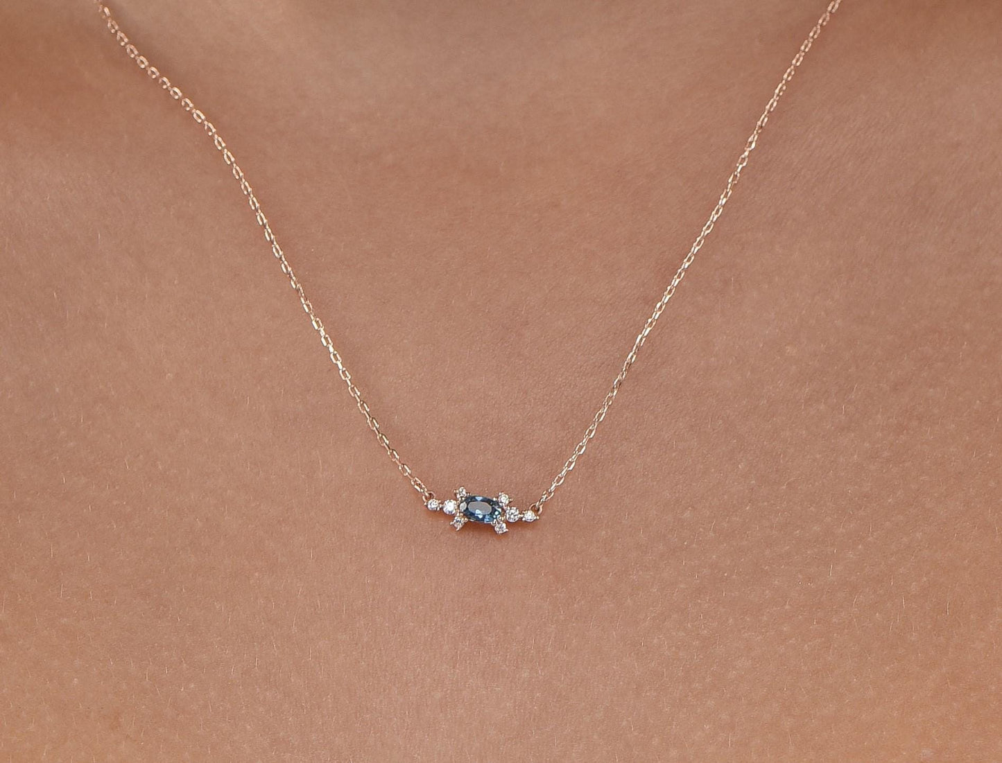 14K Rose Gold Natural Sapphire Necklace with Diamonds - Minimalist Elegant Gift for Her