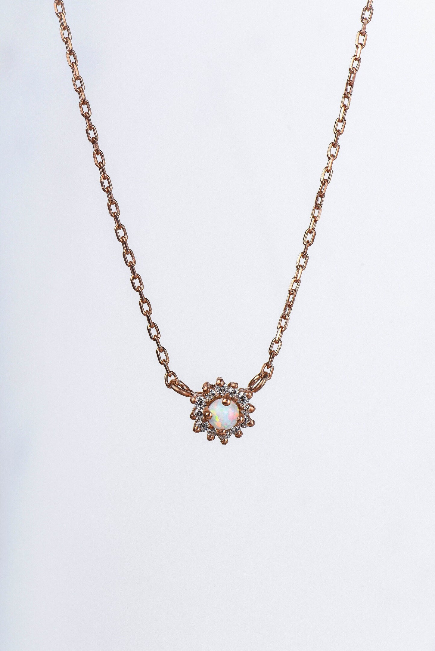 14K Rose Gold Opal and Diamond Halo Necklace - Dainty October Birthstone Pendant Gift for Her