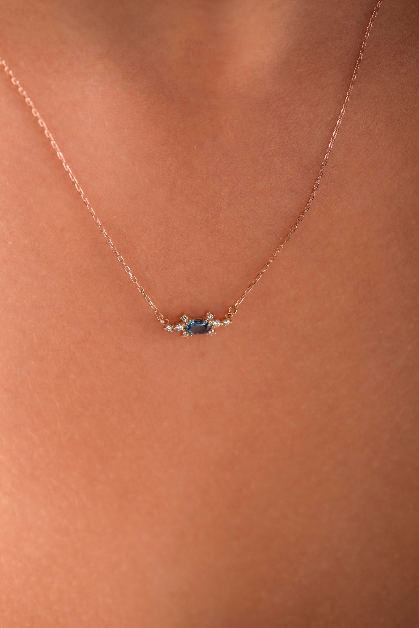 14K Rose Gold London Blue Topaz and Diamond Cluster Necklace - Oval Cut Gemstone Pendant for Her