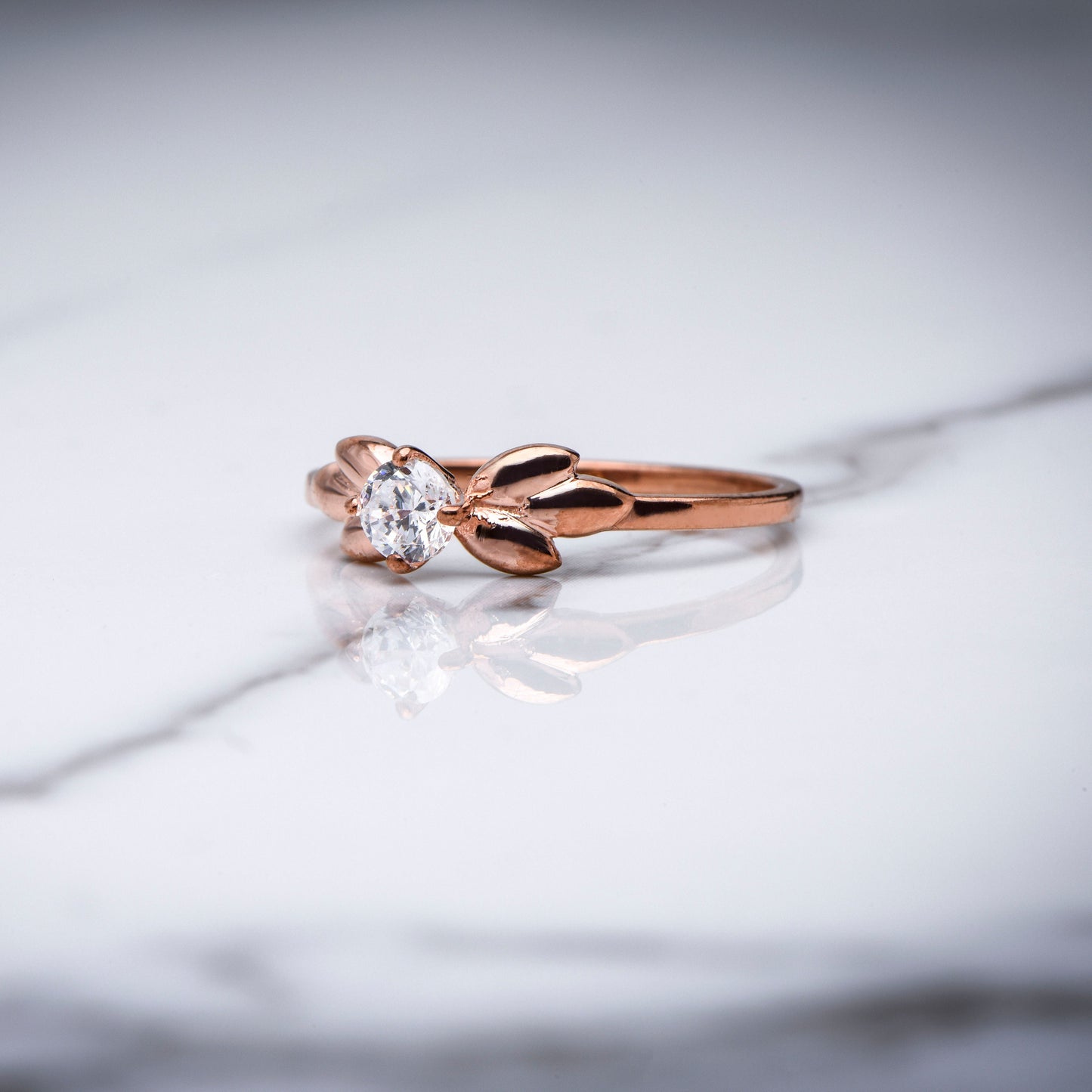 14K Solid Gold Elegant Diamond Rose Gold Solitaire Ring with Leaf Inspired Design,Perfect for Engagements, Gift For Mom