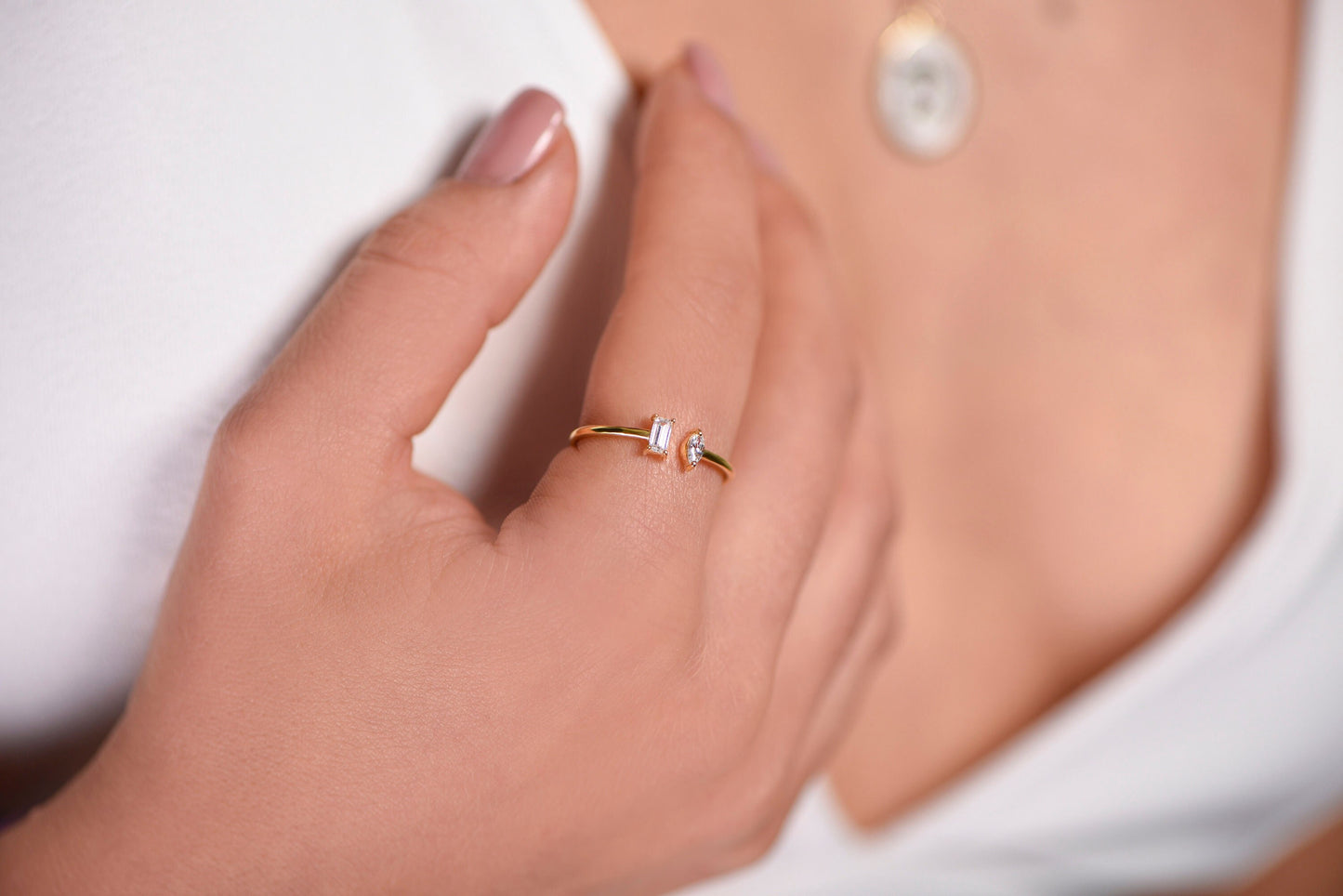 14K Solid Gold Open Ring with Marquise & Baguette Diamond – Minimalist Statement Ring