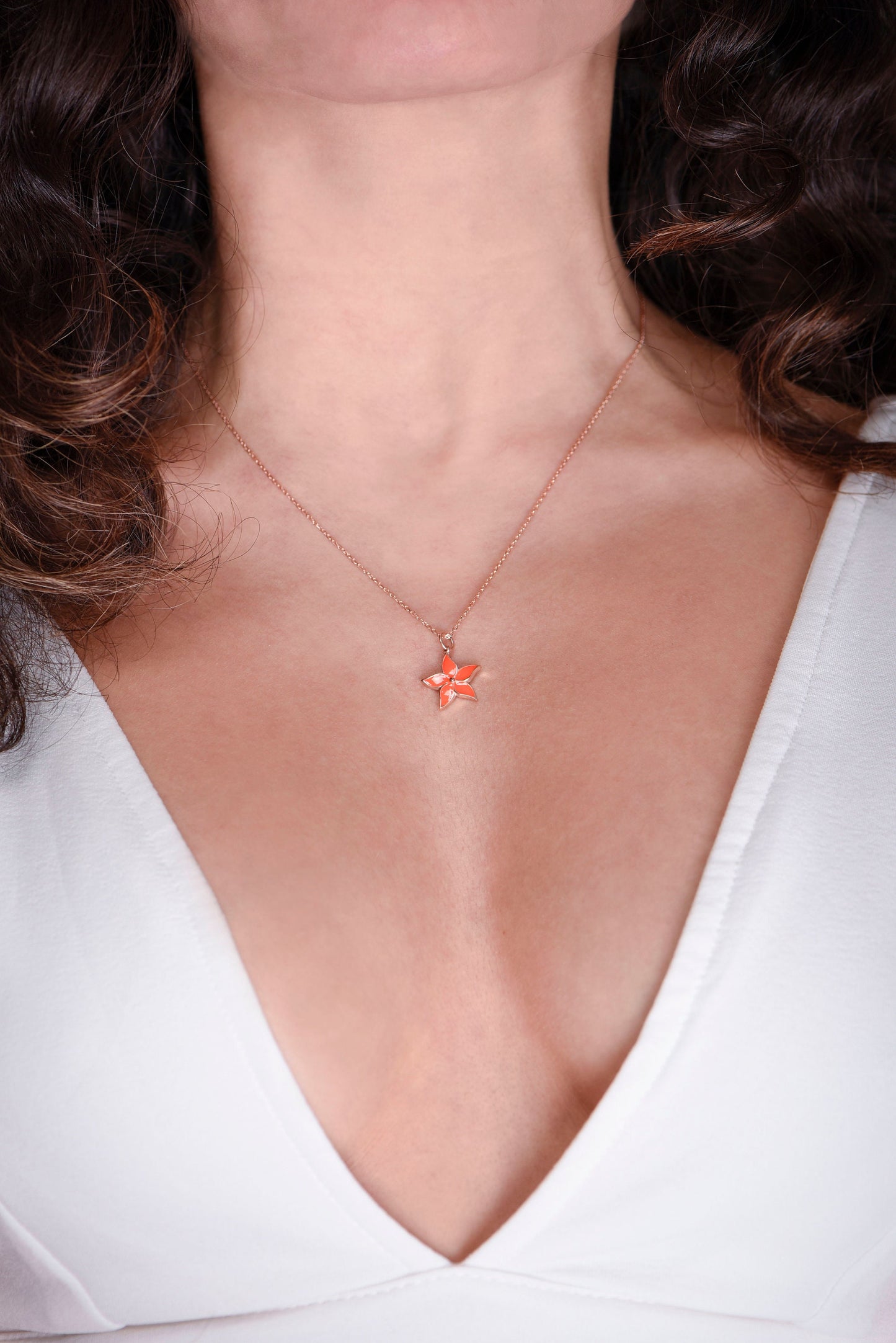 14K Rose Gold Orange Enamel Flower Necklace - Dainty Floral Pendant Gift for Her