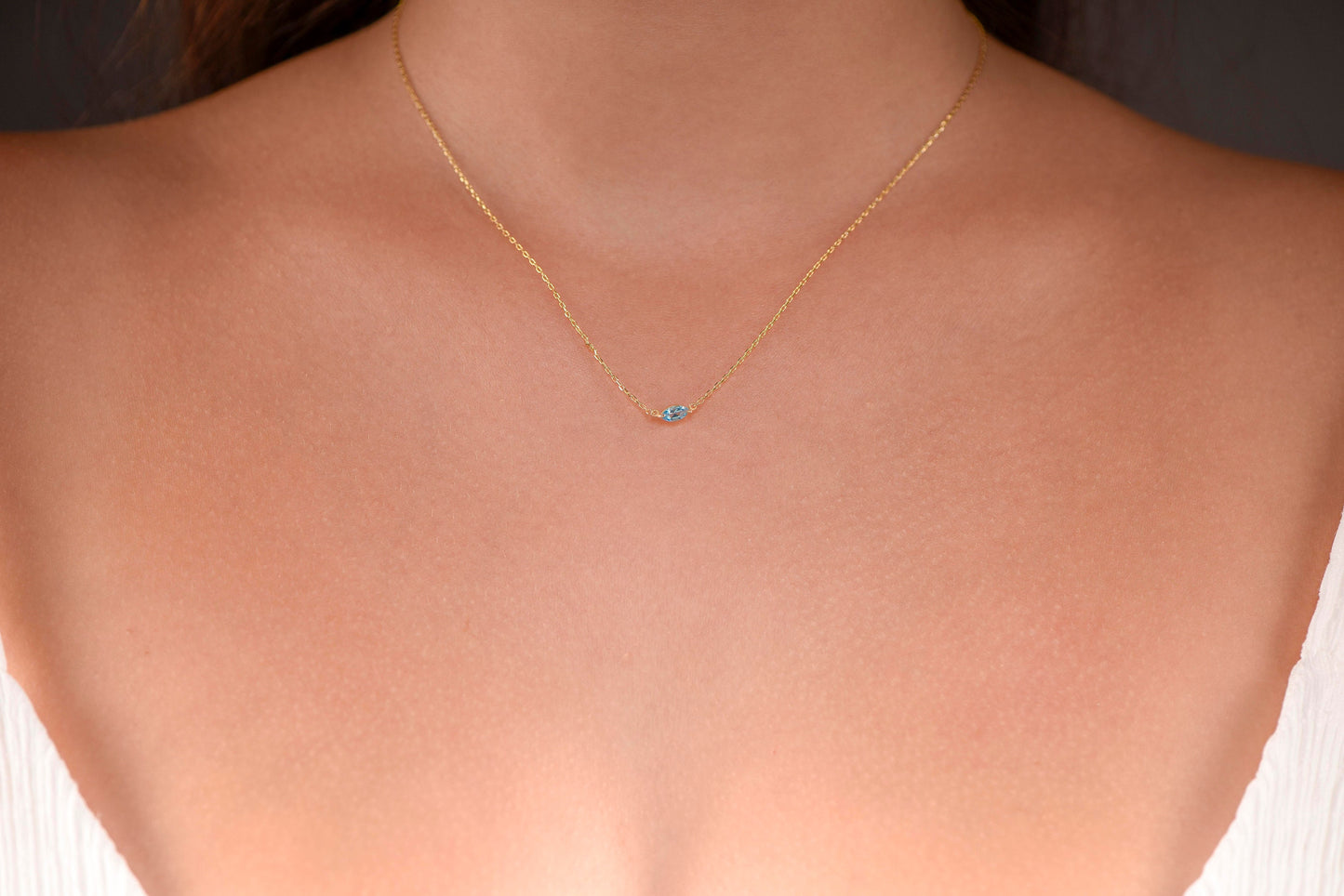14K Yellow Gold Marquise Aquamarine Necklace - Dainty Blue Gemstone Pendant for Her