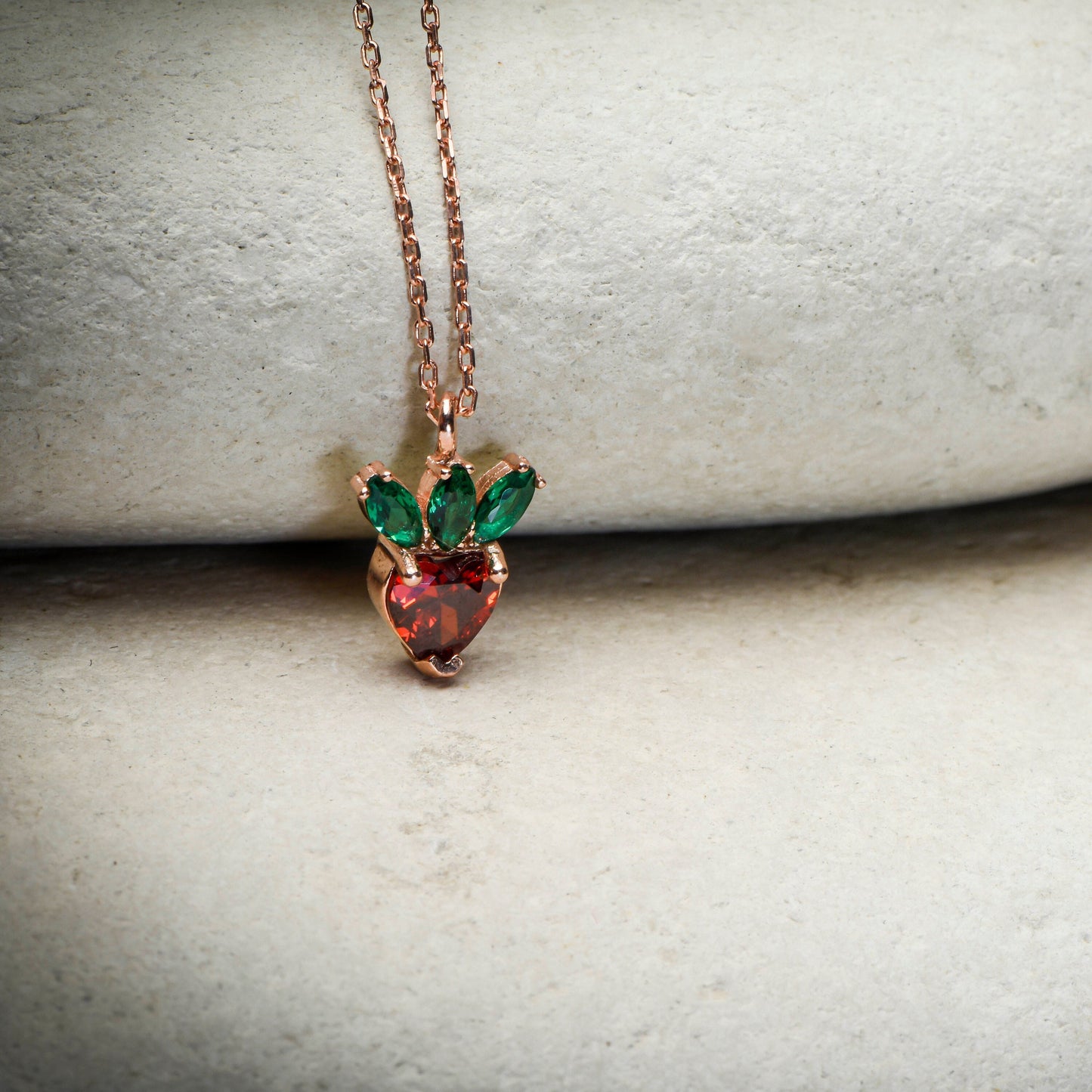 14K Gold Strawberry Pendant Necklace - Heart Cut Garnet and Emerald Marquise Gemstones, Cute Fine Jewelry Gift