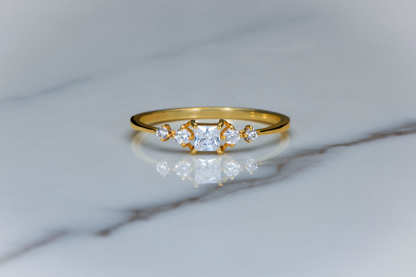 14K Gold Princess Cut Diamond Ring, Dainty Thin Band Engagement Ring with Side Round Accents, Elegant Gift for Her