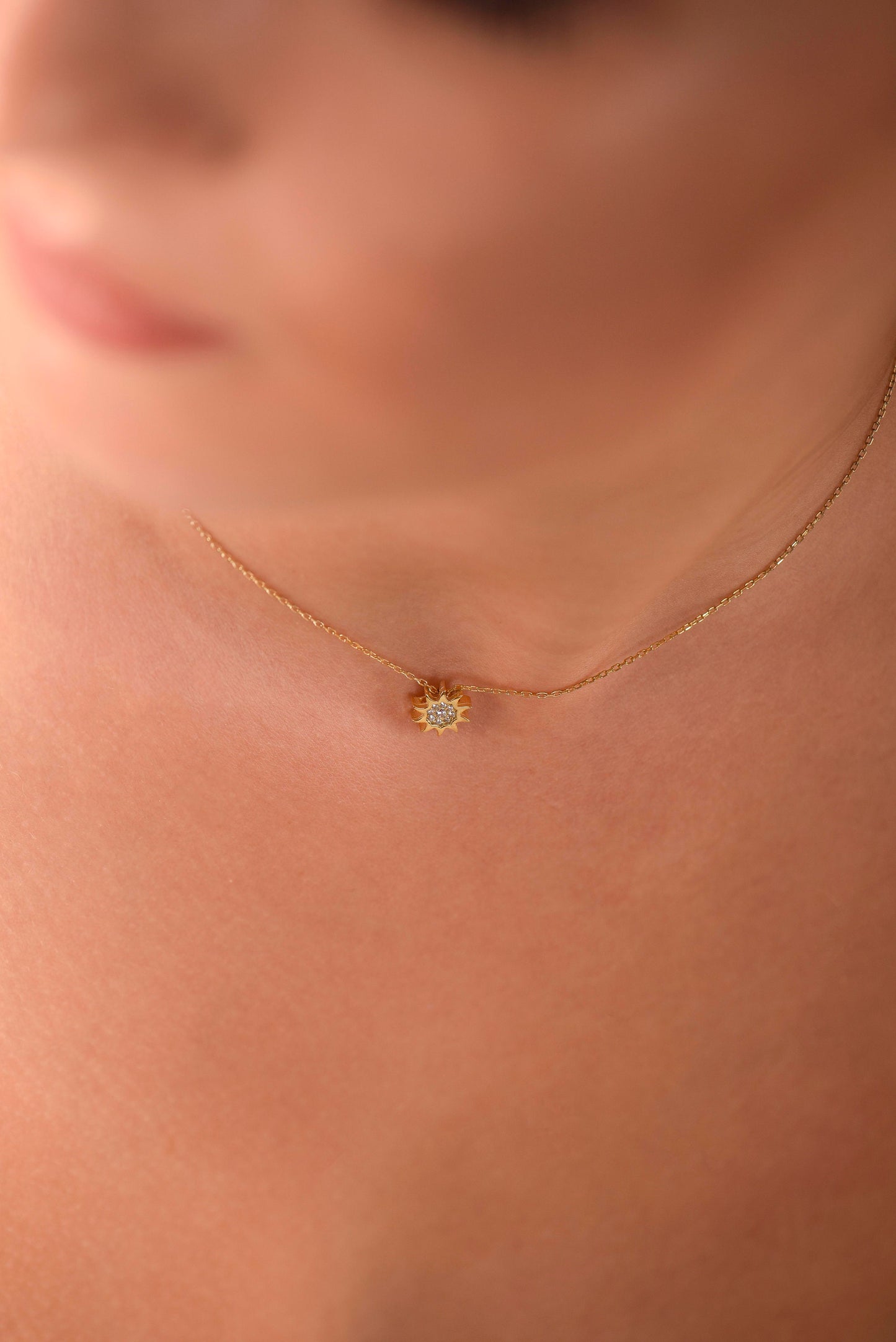 Solid Gold Sun Necklace, Minimalist Gold Necklace, Diamond Gold Necklace, Minimalist Sun Necklace, Planet Necklace, Gift For Mom