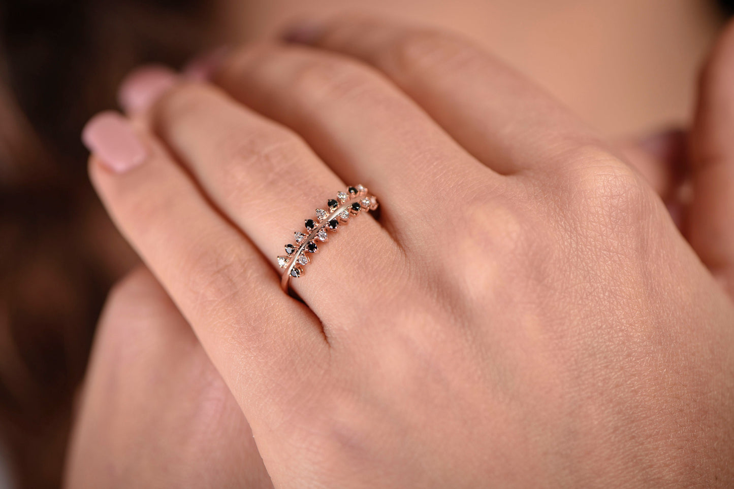 14K Solid Gold Black and White Diamond Half Eternity Ring – Dainty Stacking Ring