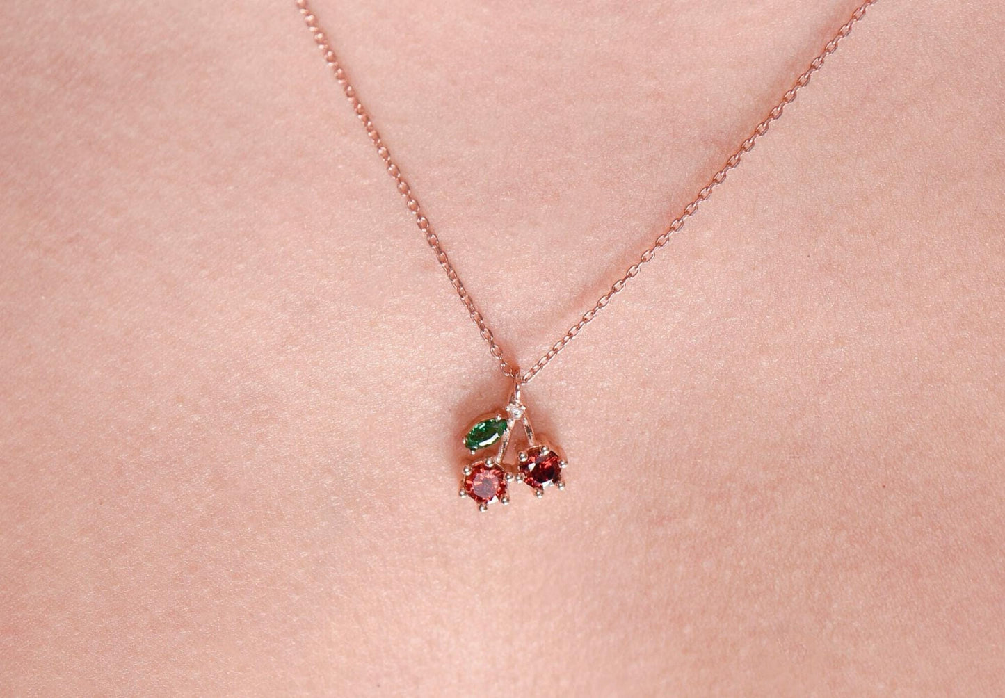 14K Rose Gold Cherry Necklace - Garnet, Emerald, and Diamond Pendant, Dainty Fine Jewelry Gift