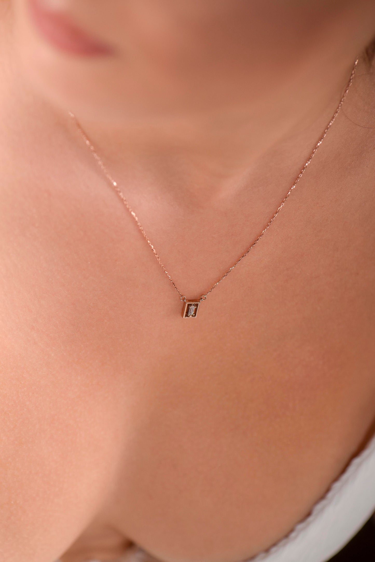 14K Solid Gold Baguette Stone Necklace,Baguette Stone Necklace,Framed Gold Necklace,Customizable Baguette Necklace, Gift For Mom