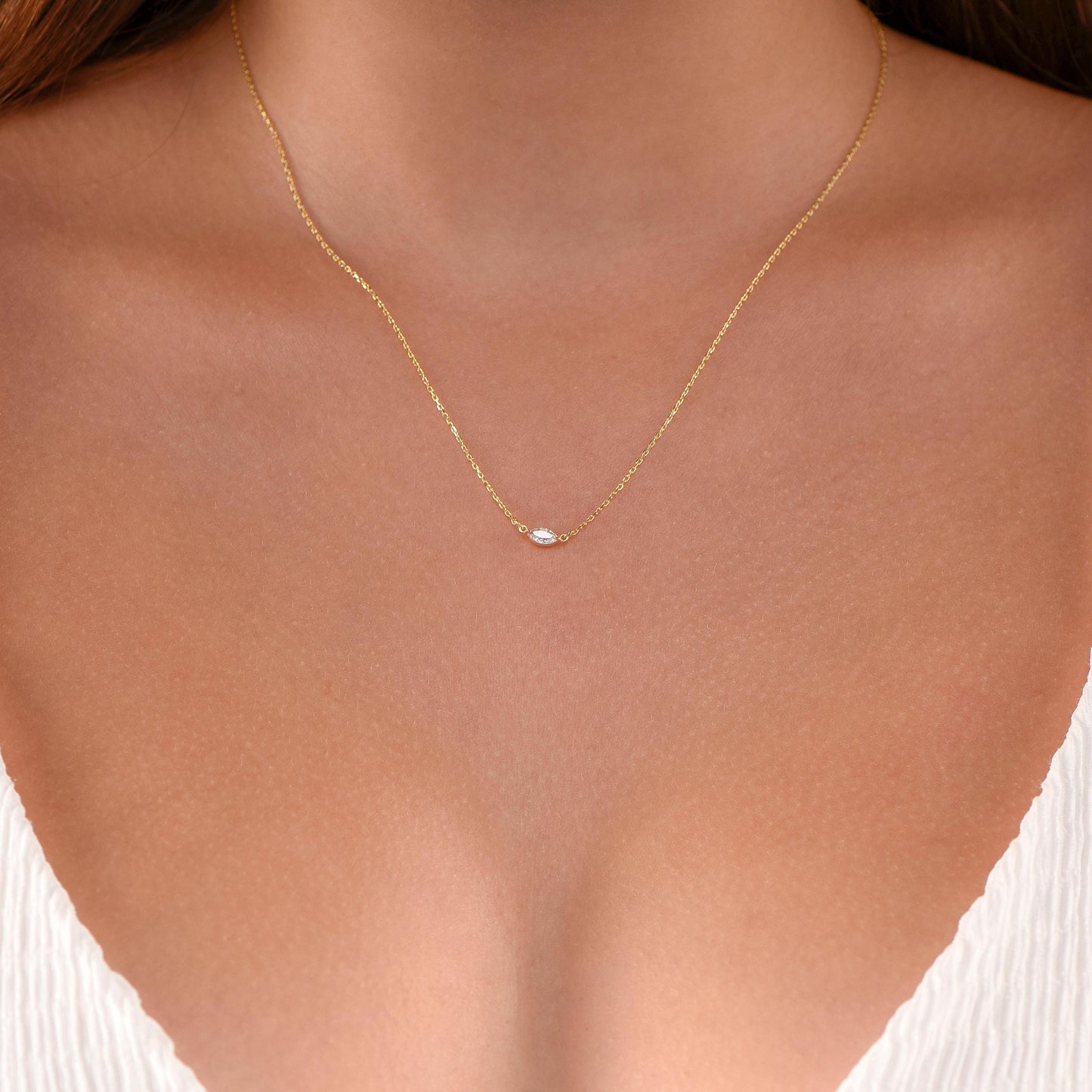 14K Gold Marquise Gemstone Necklace – Dainty Bezel Set Necklace in Yellow, White or Rose Gold