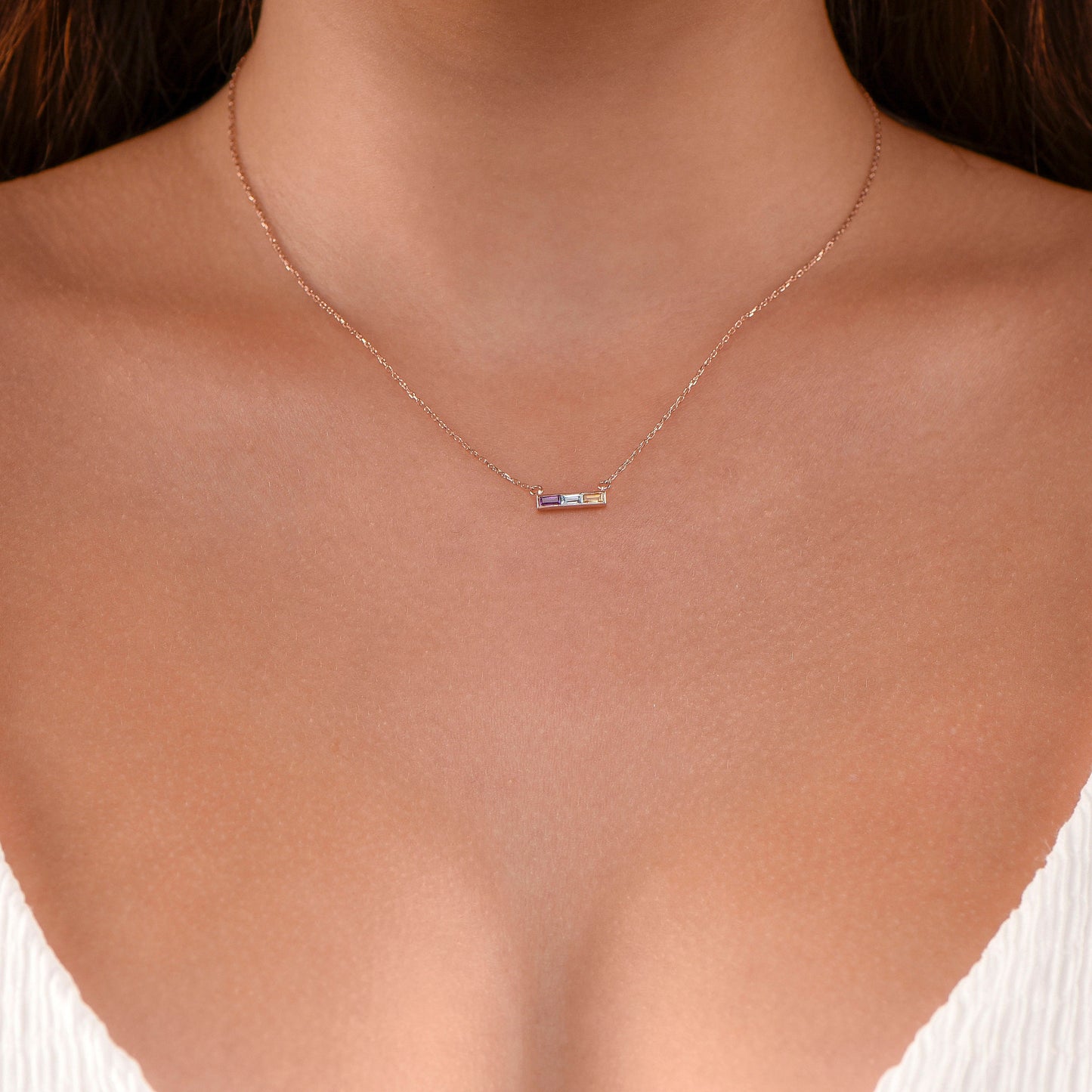 14K Yellow Gold Baguette Amethyst, Aquamarine, Citrine Necklace - Modern Triple Gemstone Bar Pendant