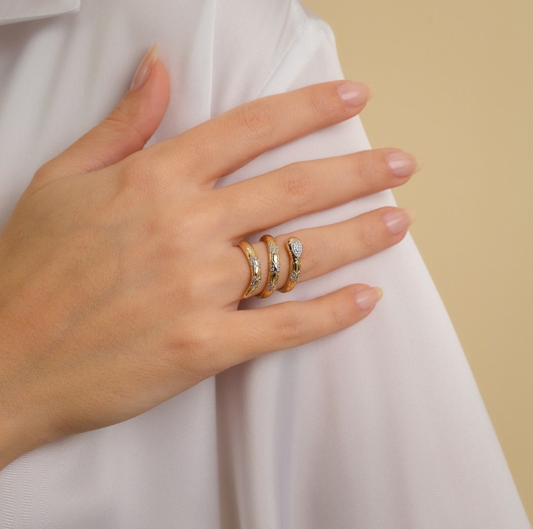 Gold Snake Ring with CZ Stones - Triple Coil Serpent Ring, Adjustable Wrap Ring, Unique Statement Jewelery, Gothic Punk Style Gift for Her