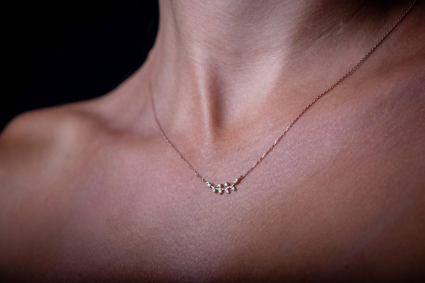 14K Solid Gold Handmade Necklace,Olive Branch Pendant in Solid Rose Gold Adorned with Glistening Diamonds,Christmas Gift Necklace