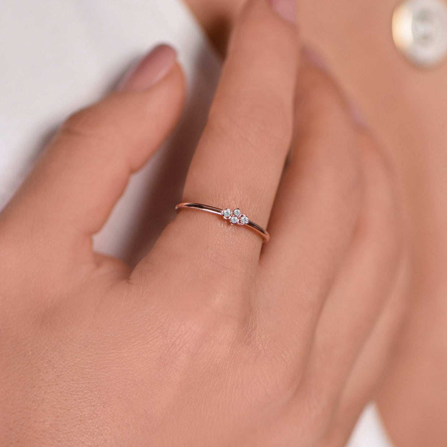 14K Rose Gold Minimalist Diamond Ring, Dainty Thin Band with Four Round Cut Diamonds, Everyday Fine Jewelry for Her