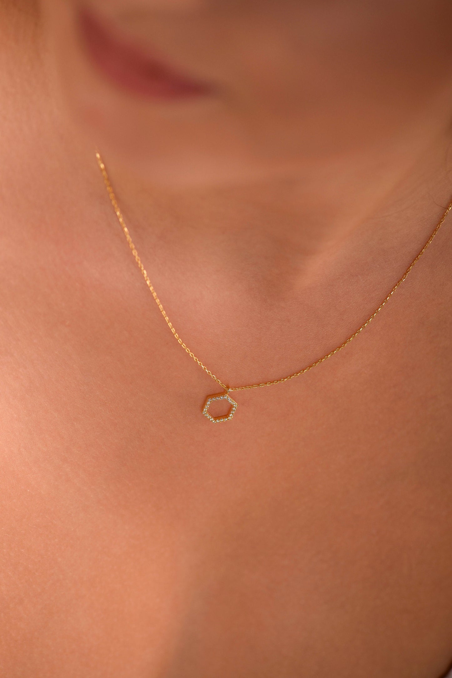 14K Yellow Gold Hexagon Diamond Necklace - Geometric Minimalist Pendant Gift for Her