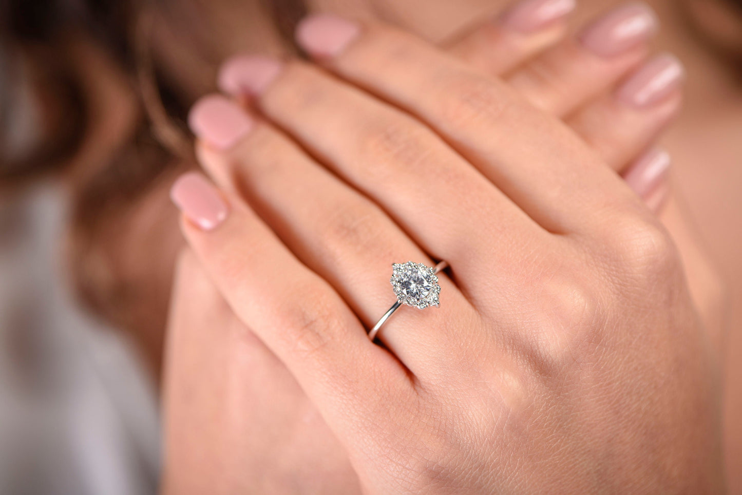 Halo Diamond Engagement Ring – 14K White Gold, 1.10ct, Customizable Stone, Handmade Dainty Ring