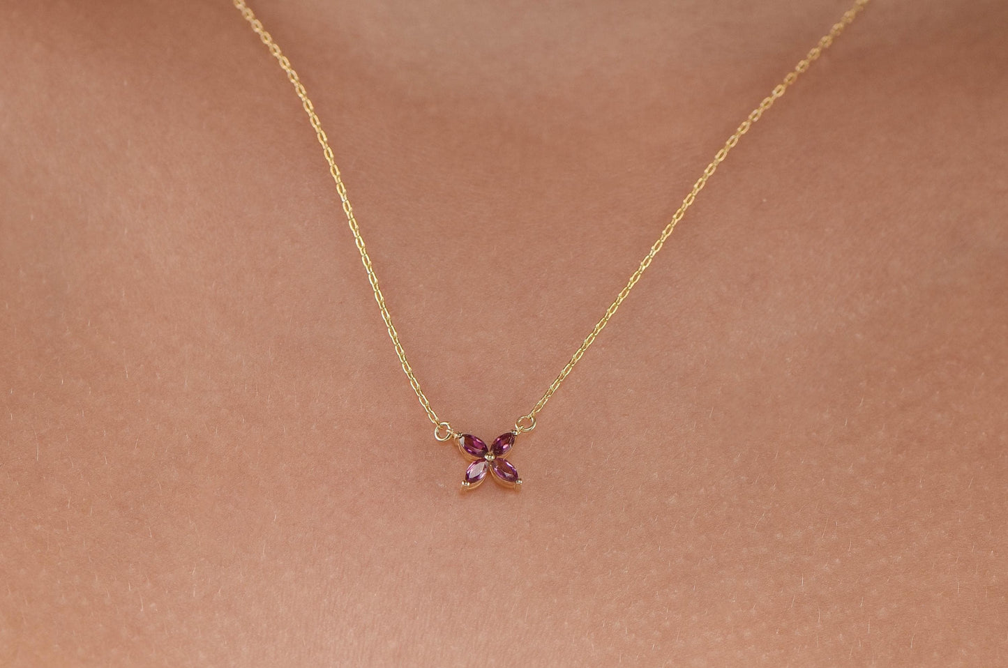 14K Yellow Gold Amethyst Flower Necklace - Marquise Cut Purple Gemstone Pendant for Her