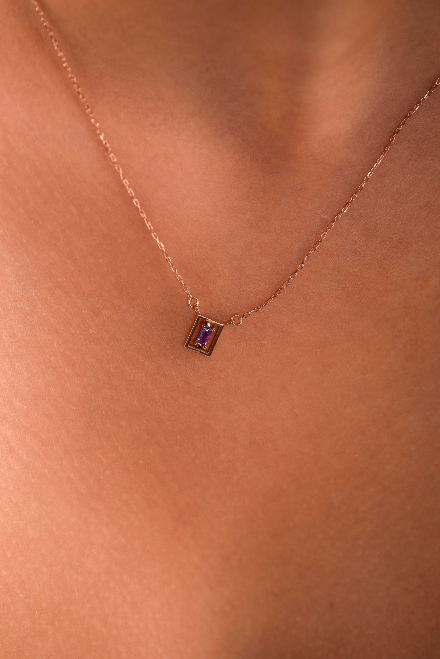 Rectangular Frame Gemstone Necklace in 14K or 8K Gold - Minimalist Baguette amethyst,Pendant Gift for Her