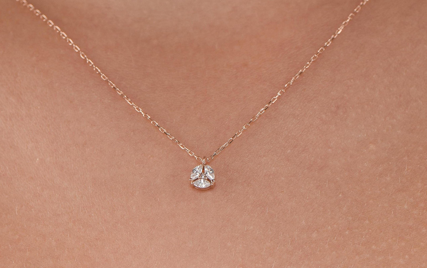 14K Rose Gold White Sapphire Necklace - Marquise Cut Cluster Pendant for Her