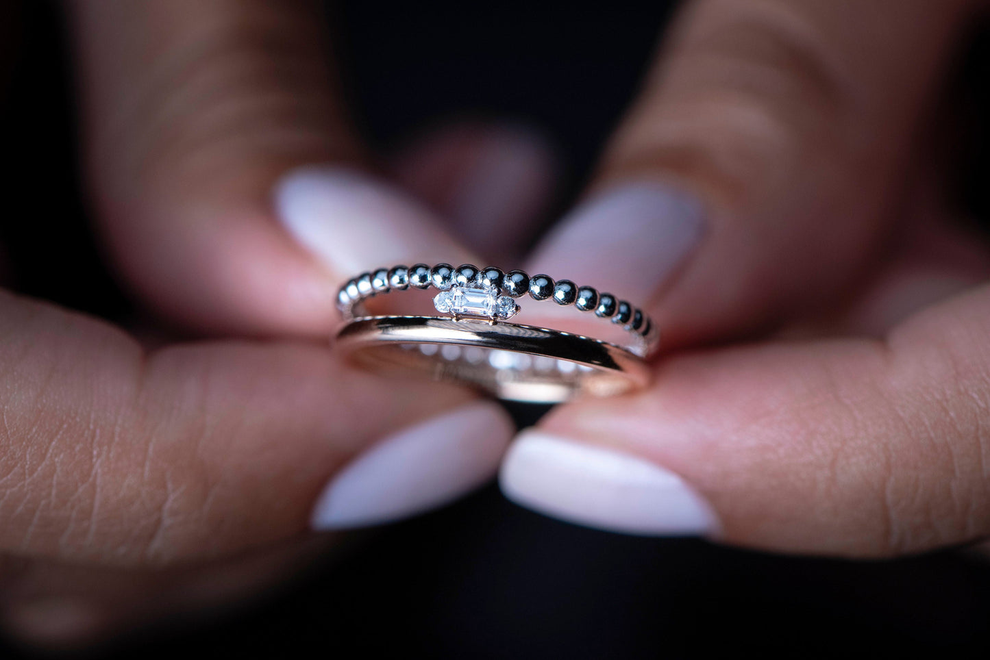 Baguette Diamond Ring,Double Band Baguette Diamond Wedding Ring Made of Rose and White Gold,Luxurious and Chic,Gift For MOM