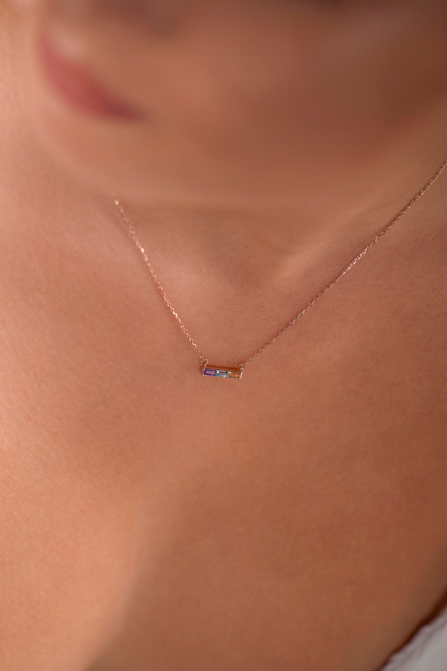 14K Yellow Gold Baguette Amethyst, Aquamarine, Citrine Necklace - Modern Triple Gemstone Bar Pendant