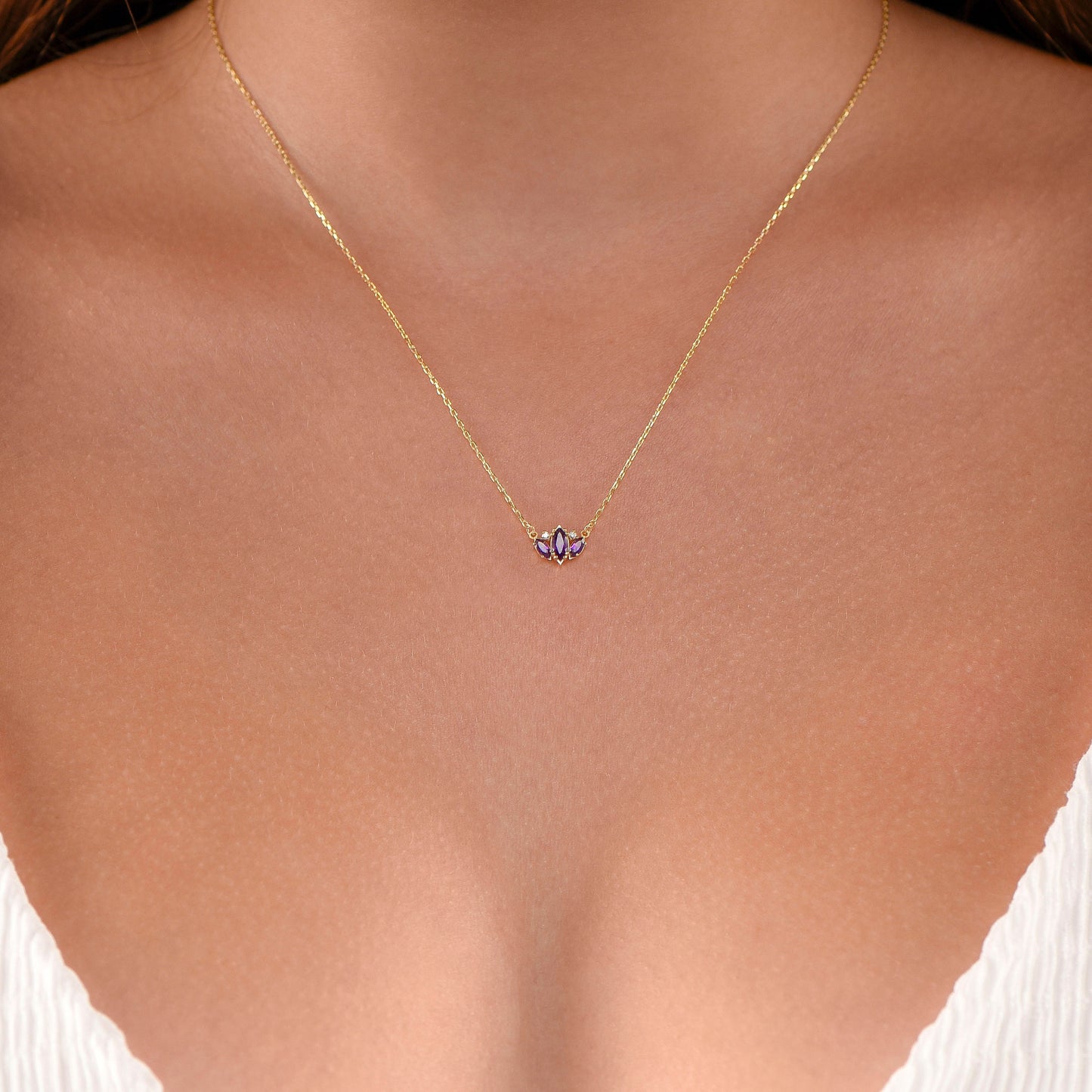 14K Yellow Gold Amethyst and Diamond Necklace - Marquise Cut Minimalist Pendant Gift for Her