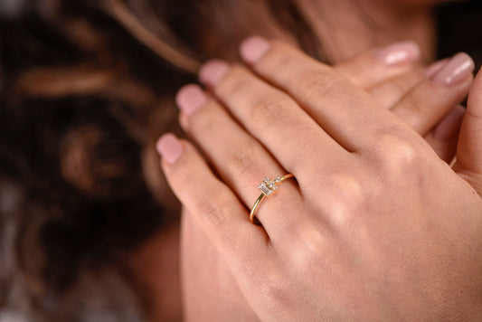 14K Gold Diamond Ring with Baguette and Round Cut Stones, Minimalist Thin Band Engagement Ring, Dainty Fine Jewelry for Her