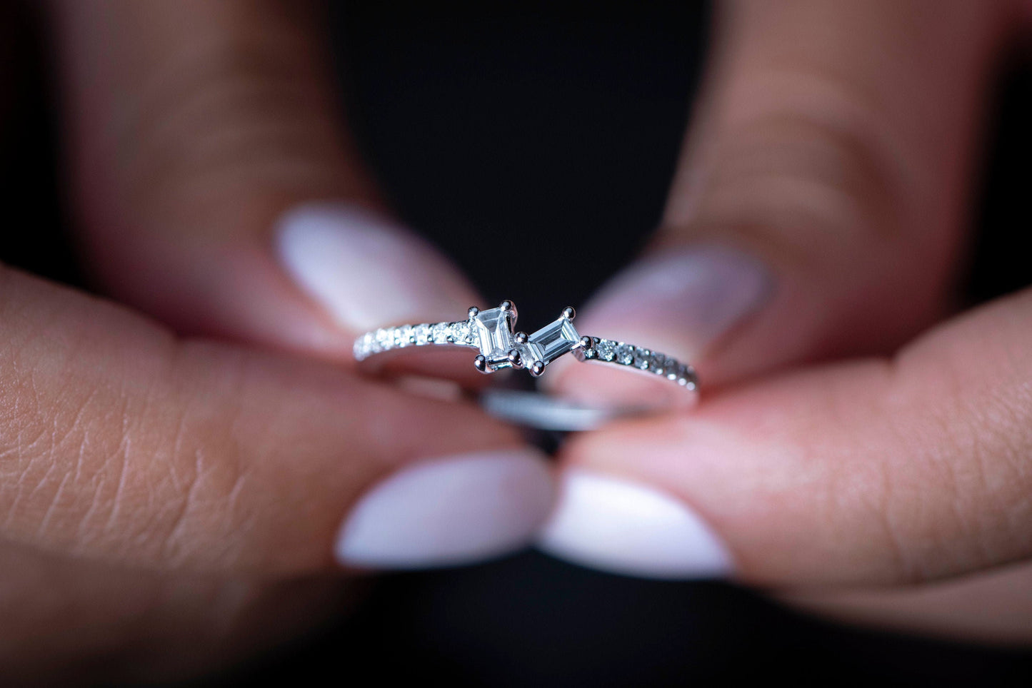 14K White Gold Baguette Diamond Ring with Round Accents, Dainty Thin Band Engagement or Gift Ring for Her