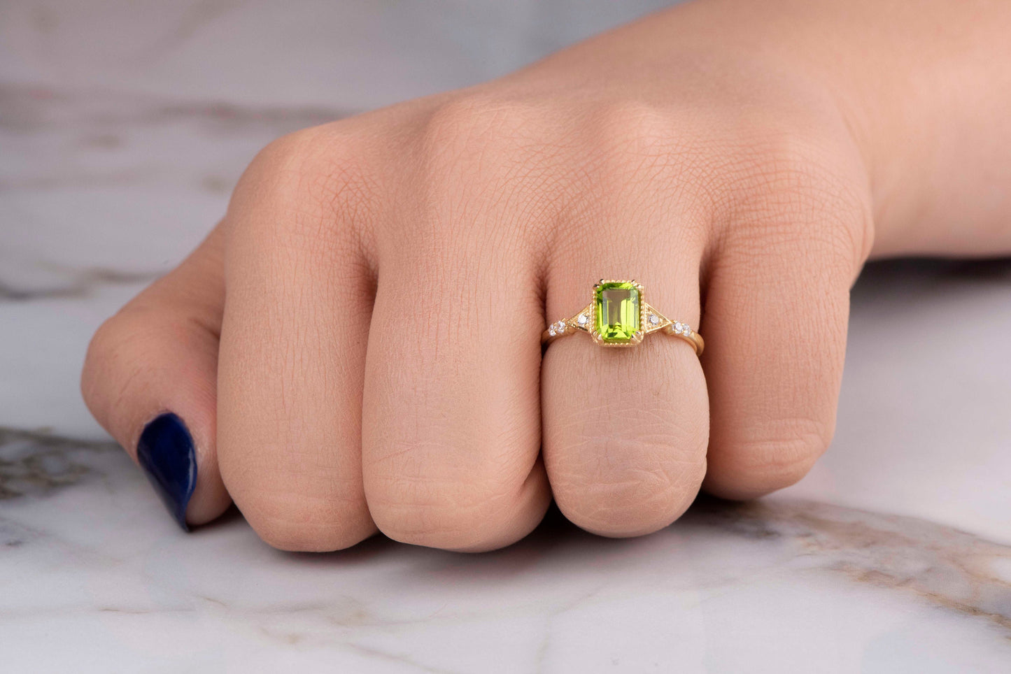 Emerald Cut Peridot and Diamond Ring in 14k Gold – Vintage Engagement or Mother’s Day Gift