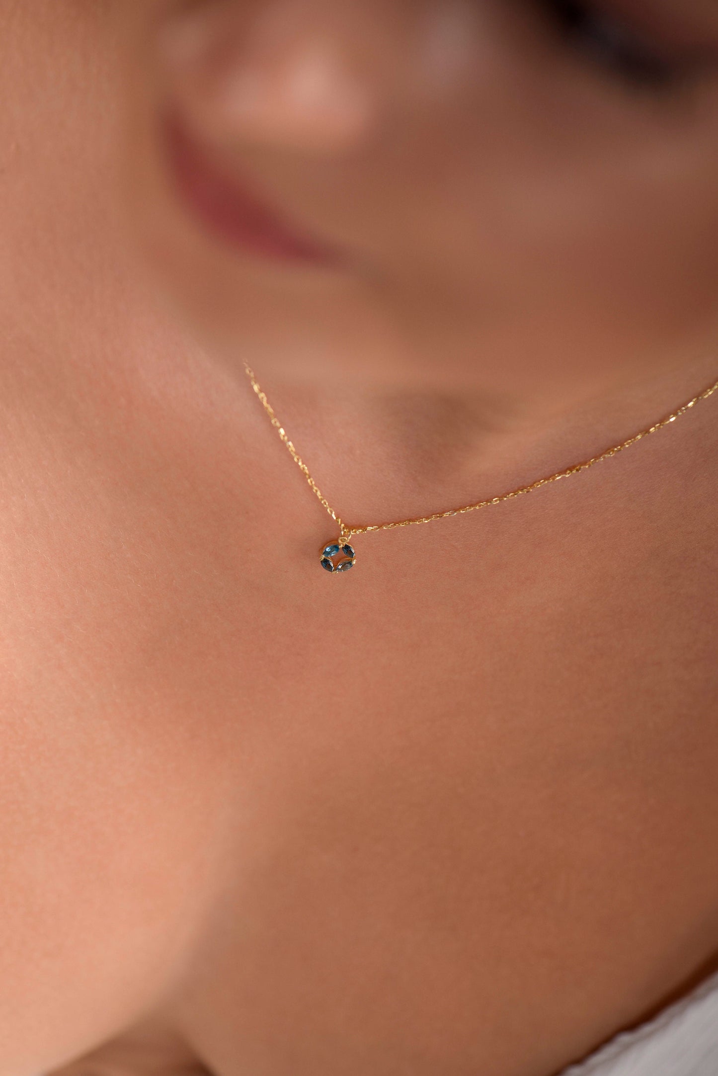 14K Yellow Gold London Blue Topaz Circle Necklace - Marquise Cut Gemstone Pendant for Her