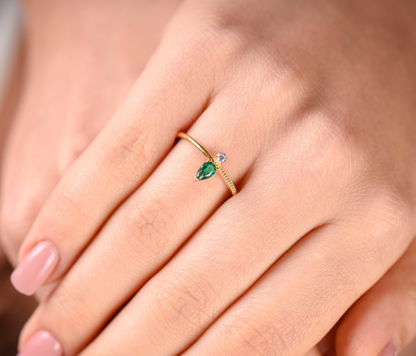 Pear Cut Emerald Ring – 14K Yellow Gold | Minimal Diamond Ring | Custom Birthstone Gift | Mother’s Day Jewelry