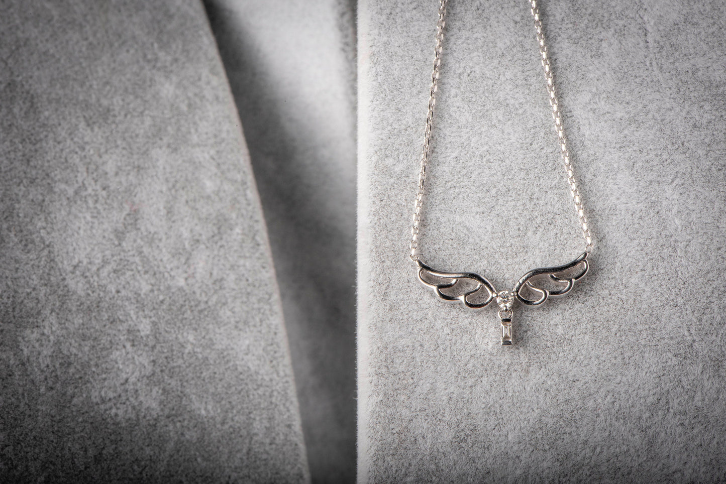 14K Solid Diamond Angel Necklace,Elegant White Solid Gold Angel Wing Necklace,Baguette Diamond Accent, Gift For Mom