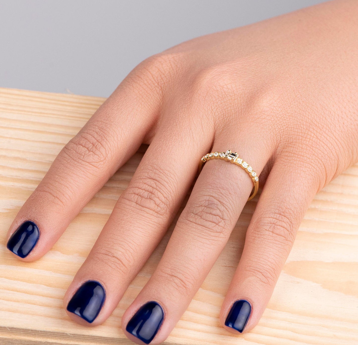 14K Gold Baguette and Round Diamond Ring – Dainty Stackable Engagement Band