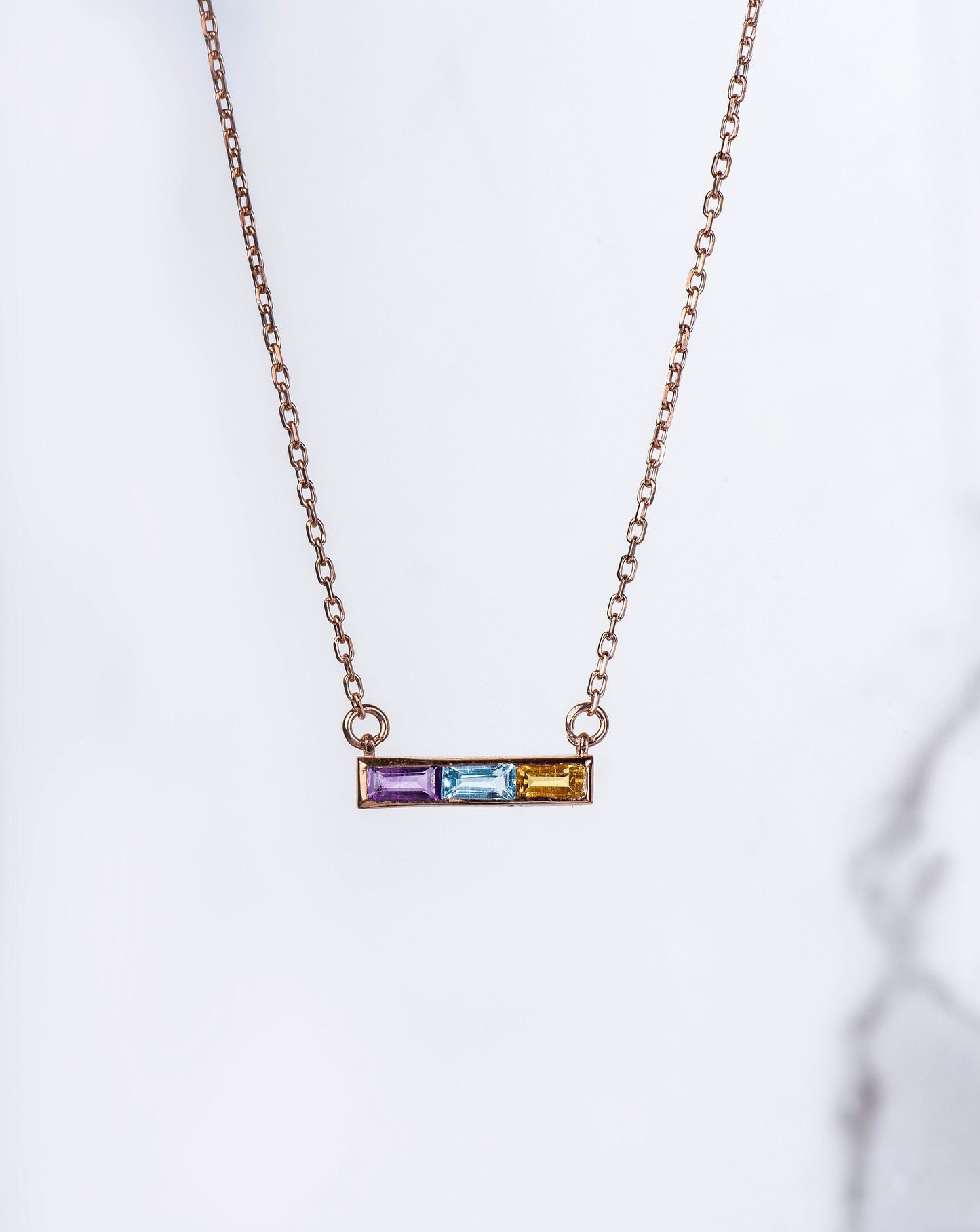 14K Yellow Gold Baguette Amethyst Bar Necklace - Dainty Purple Gemstone Pendant for Her