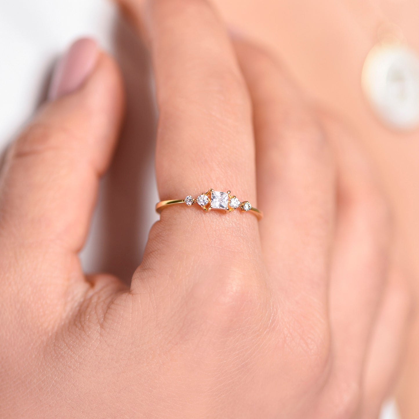 14K Gold Princess Cut Diamond Ring, Dainty Thin Band Engagement Ring with Side Round Accents, Elegant Gift for Her