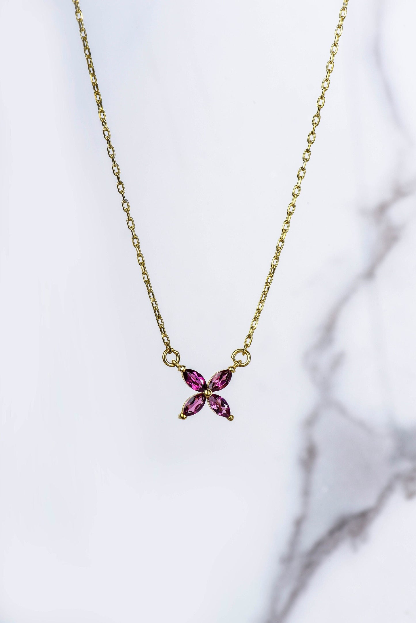 14K Yellow Gold Amethyst Flower Necklace - Marquise Cut Purple Gemstone Pendant for Her