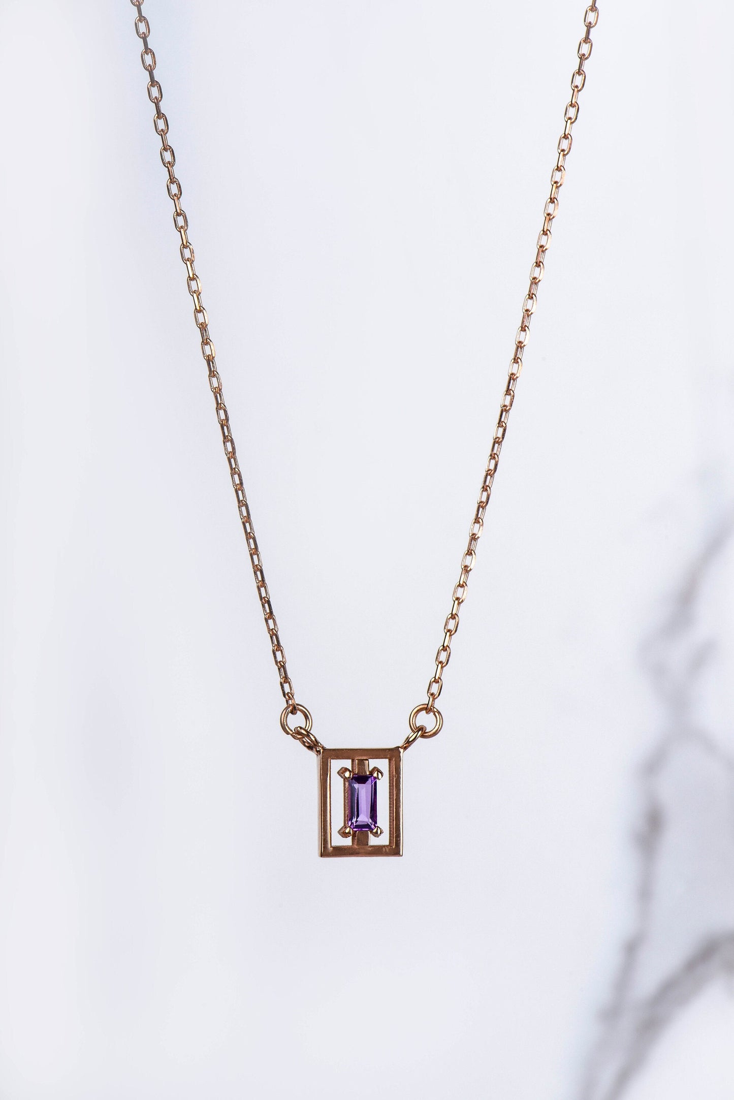 Rectangular Frame Gemstone Necklace in 14K or 8K Gold - Minimalist Baguette amethyst,Pendant Gift for Her