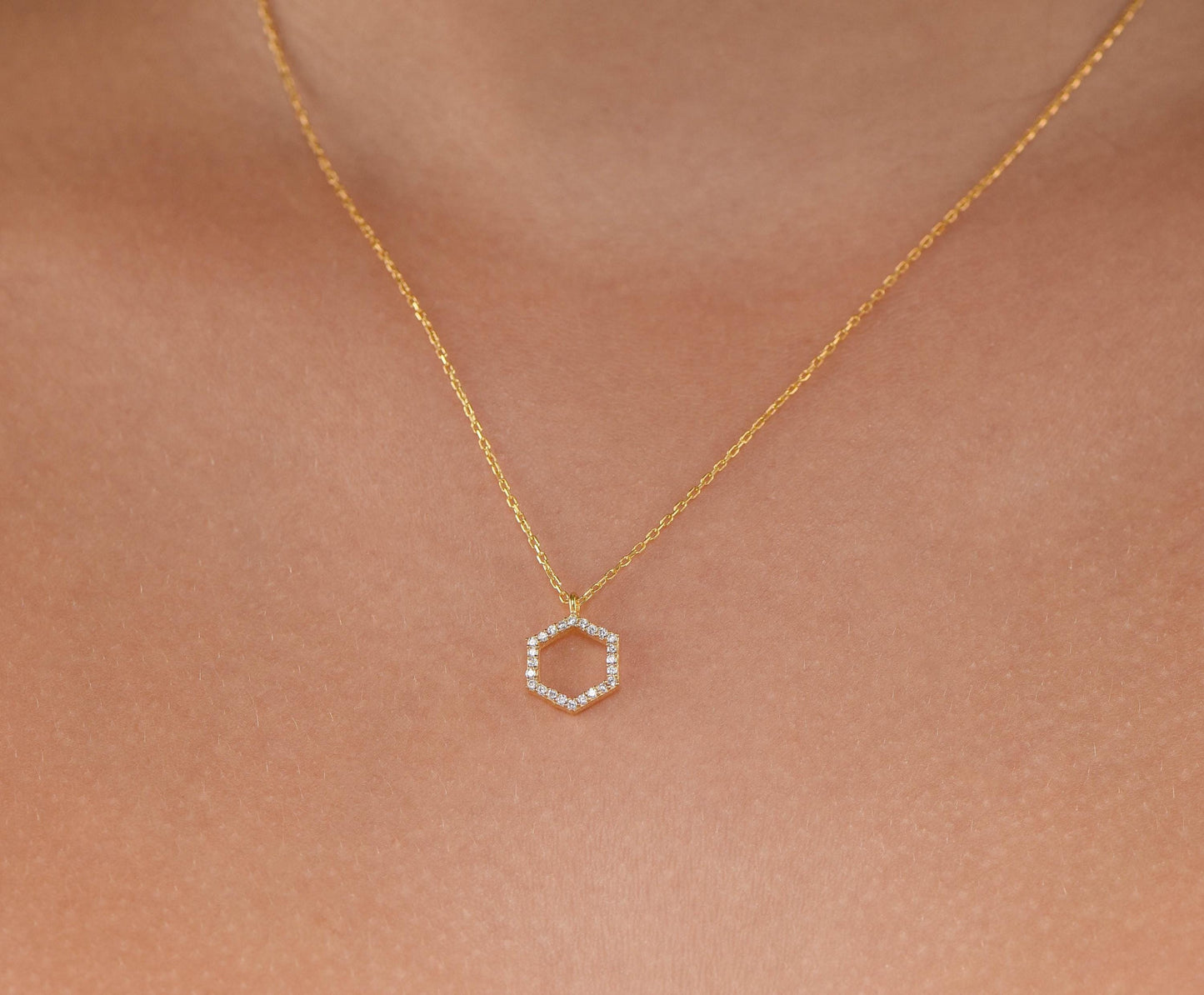 14K Yellow Gold Hexagon Diamond Necklace - Geometric Minimalist Pendant Gift for Her