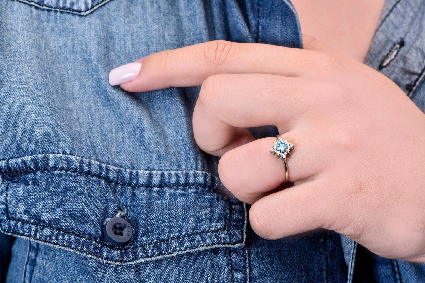 Princess Cut Blue Gemstone Halo Ring – 14K White Gold with Natural Diamonds | Vintage Inspired Handmade Mother’s Day Gift