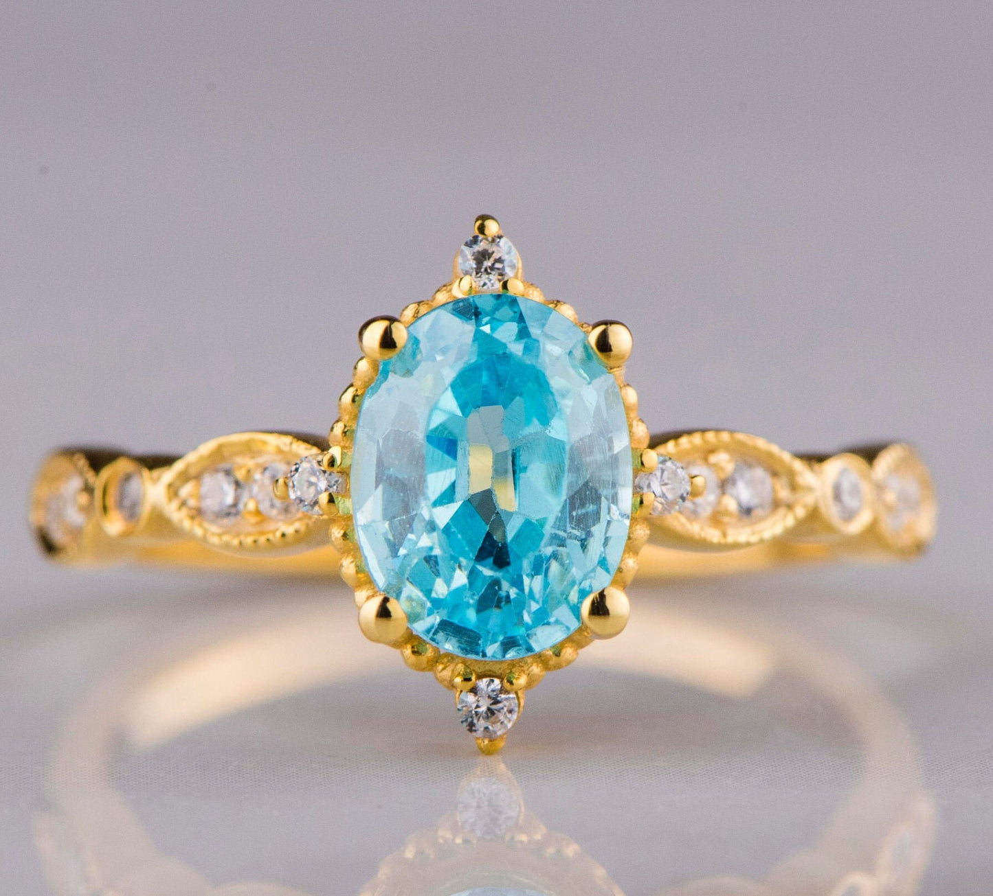 Oval Aquamarine and Diamond Ring in 14k Gold – Vintage Style Engagement or Mother’s Day Ring for Her