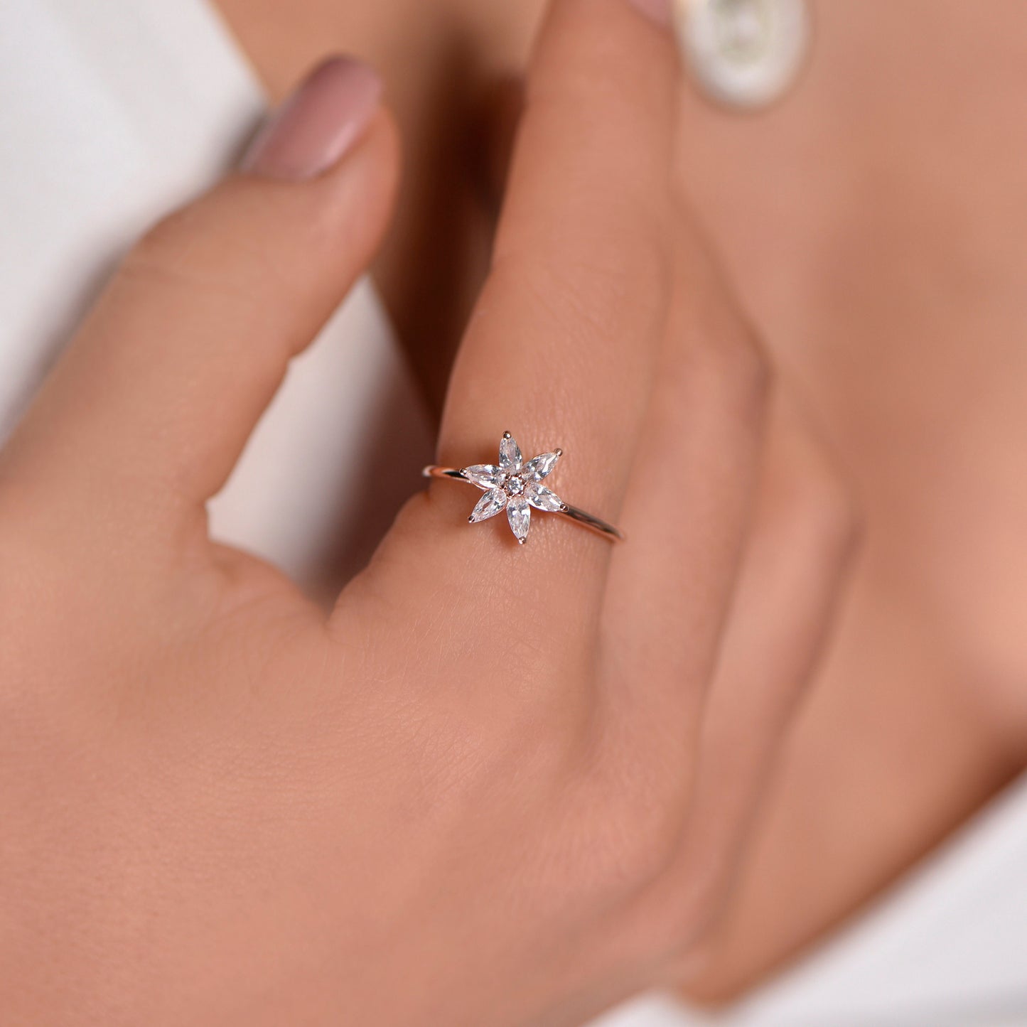 Marquise Diamond Flower Ring – 14K Rose Gold, Dainty Everyday Ring, Natural Diamond Gift, Customizable Floral Design