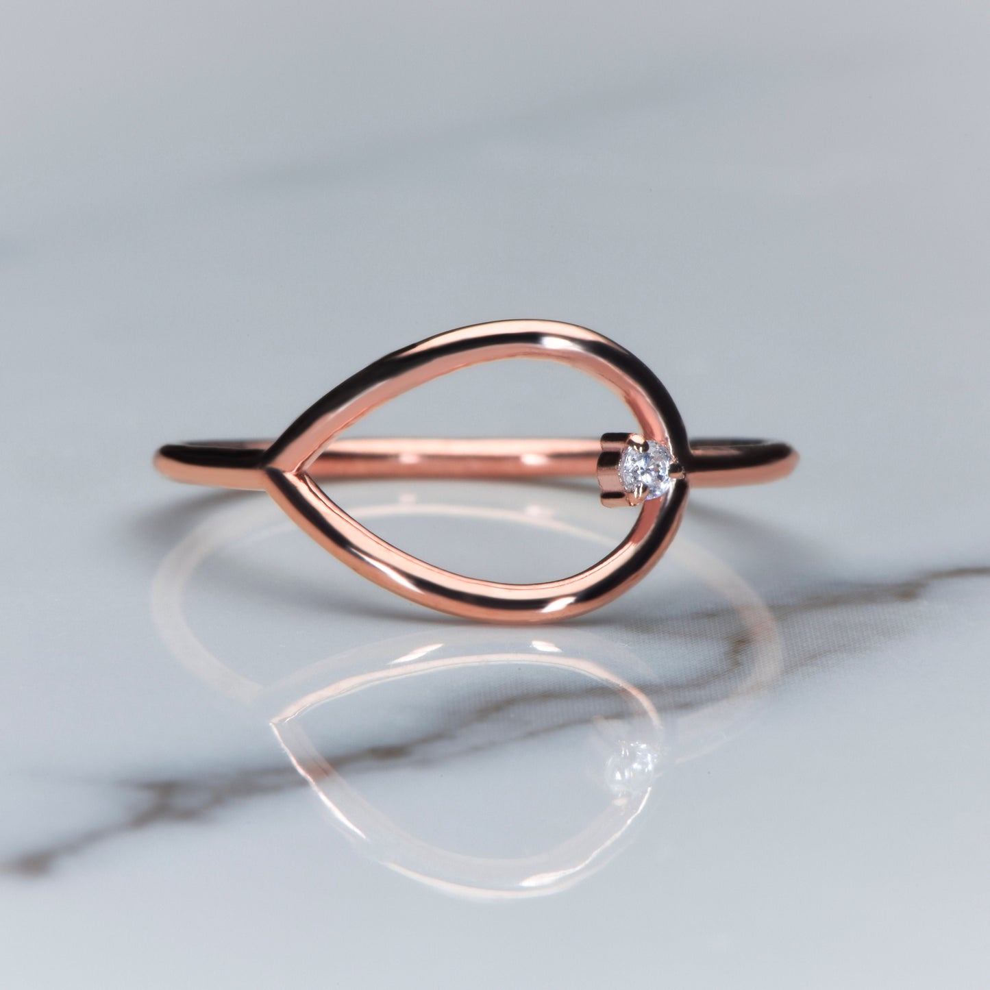14K Solid Gold Teardrop Ring with Diamond – Minimalist Handmade Dainty Ring