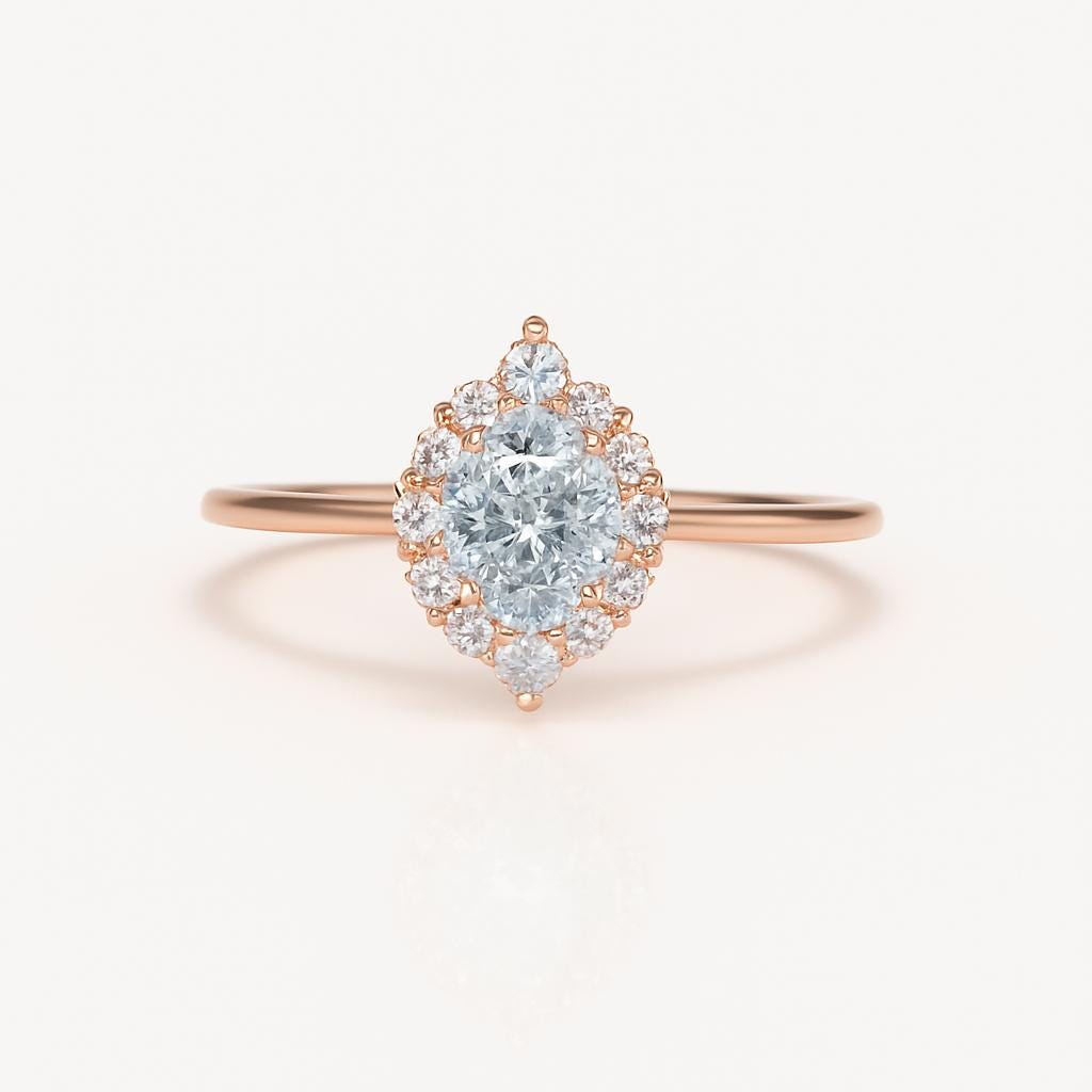 Halo Diamond Engagement Ring – 14K White Gold, 1.10ct, Customizable Stone, Handmade Dainty Ring