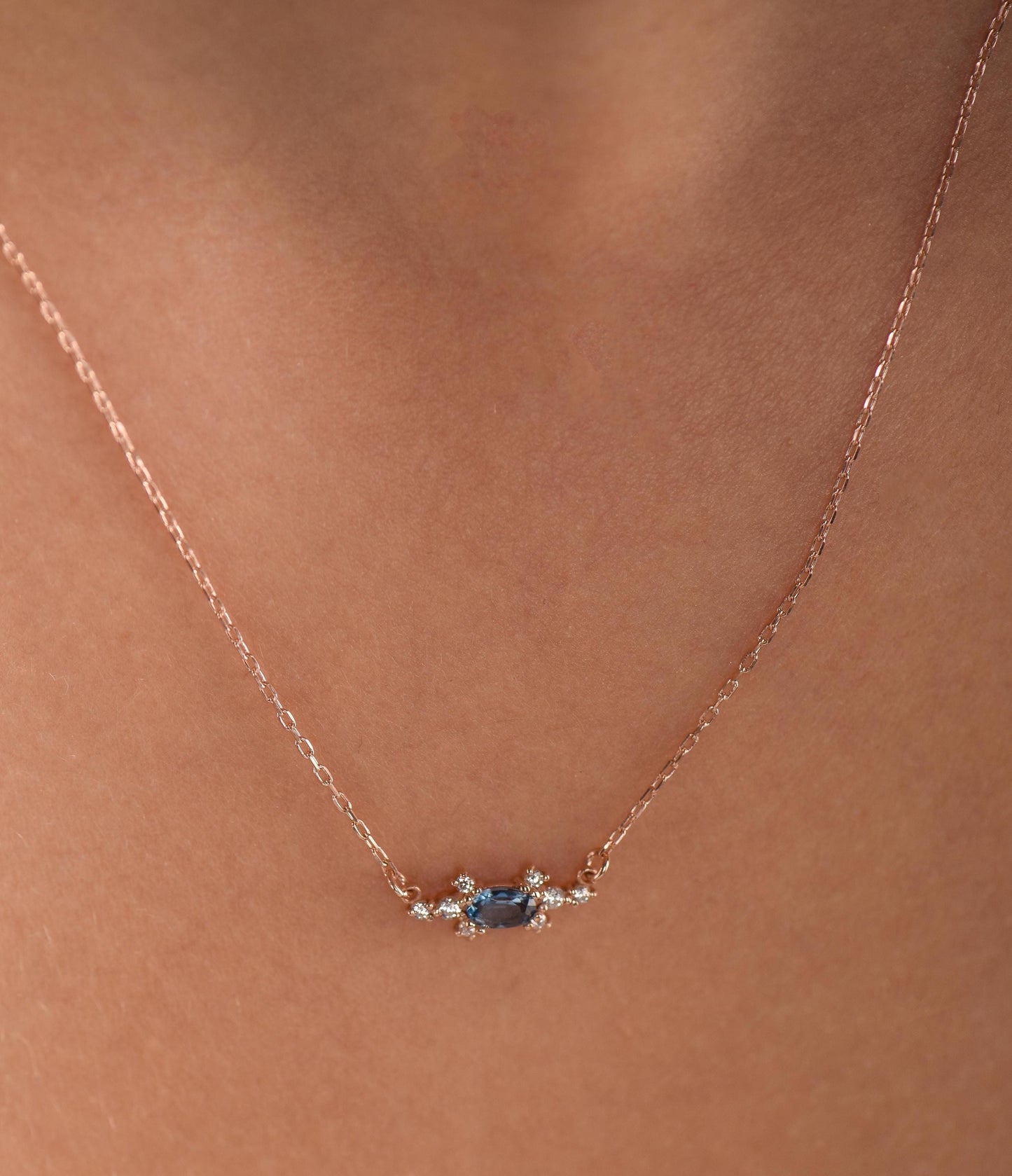 14K Rose Gold Natural Sapphire Necklace with Diamonds - Minimalist Elegant Gift for Her