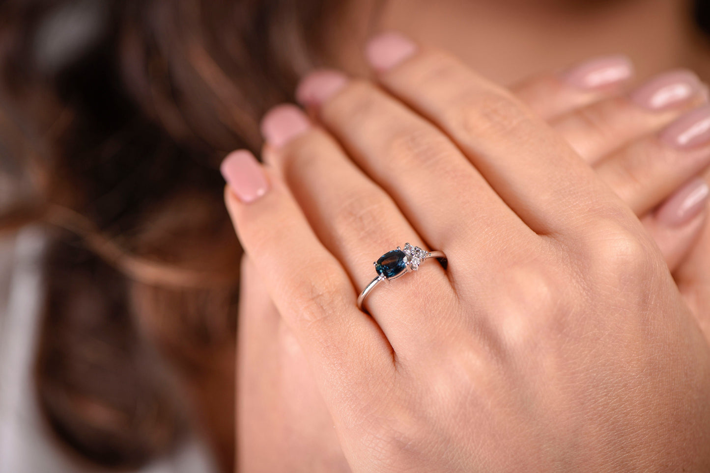 Lab Created Sapphire and Diamond Ring in 14k White Gold – Modern Minimalist Engagement or Gift Ring