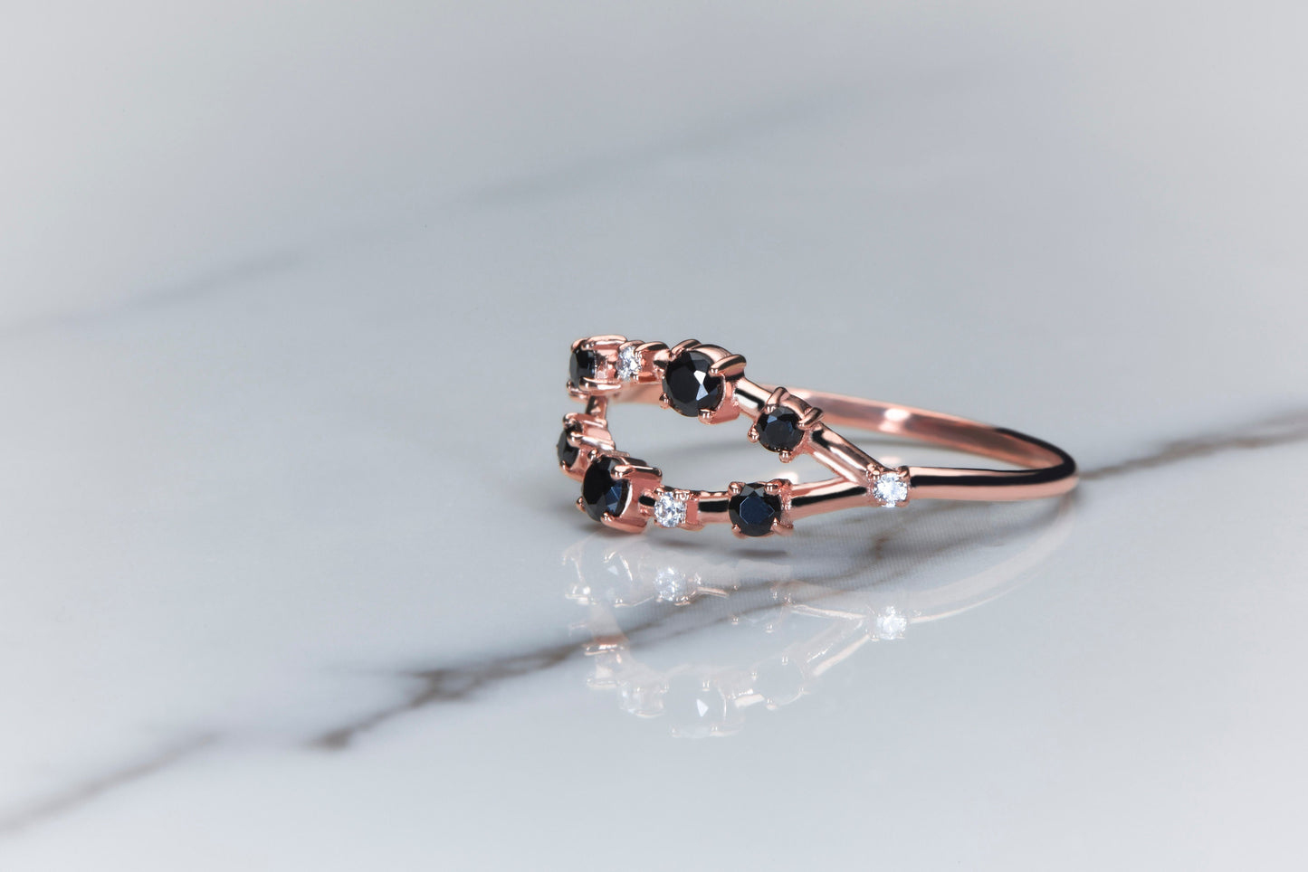 14K Solid Rose Gold Ring with Black and White Diamonds – Unique Modern Stacking Band