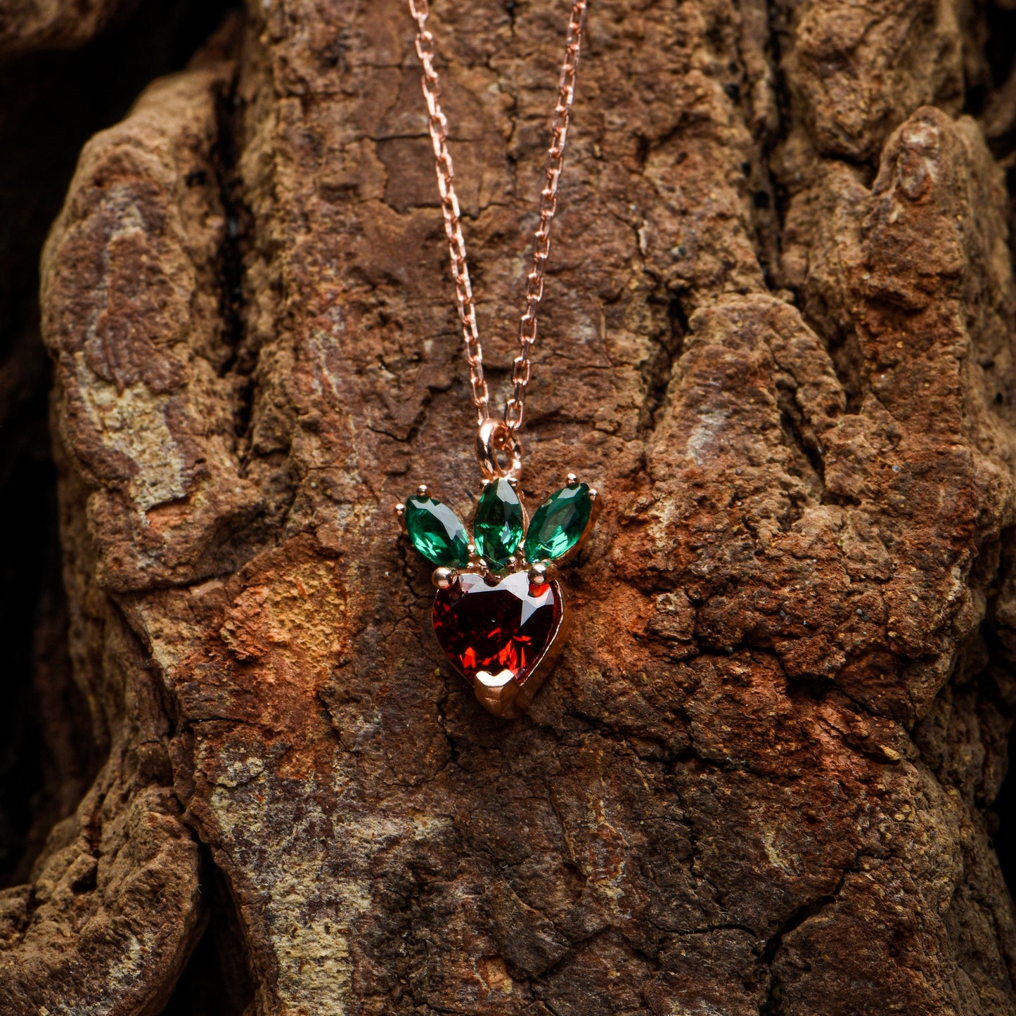 14K Gold Strawberry Pendant Necklace - Heart Cut Garnet and Emerald Marquise Gemstones, Cute Fine Jewelry Gift
