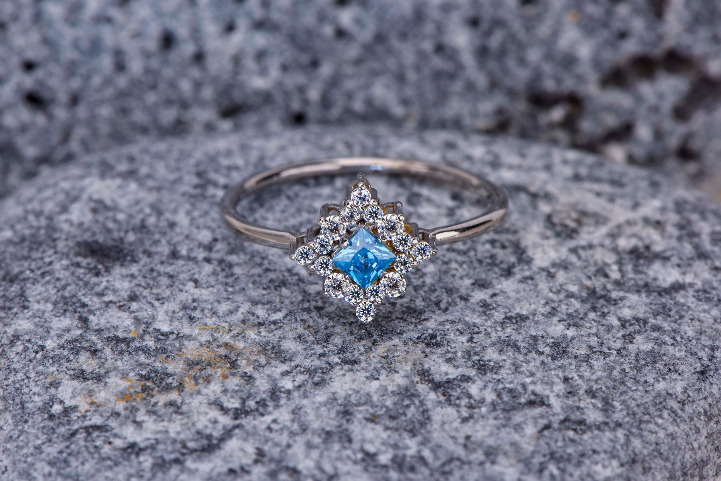 Princess Cut Blue Gemstone Halo Ring – 14K White Gold with Natural Diamonds | Vintage Inspired Handmade Mother’s Day Gift