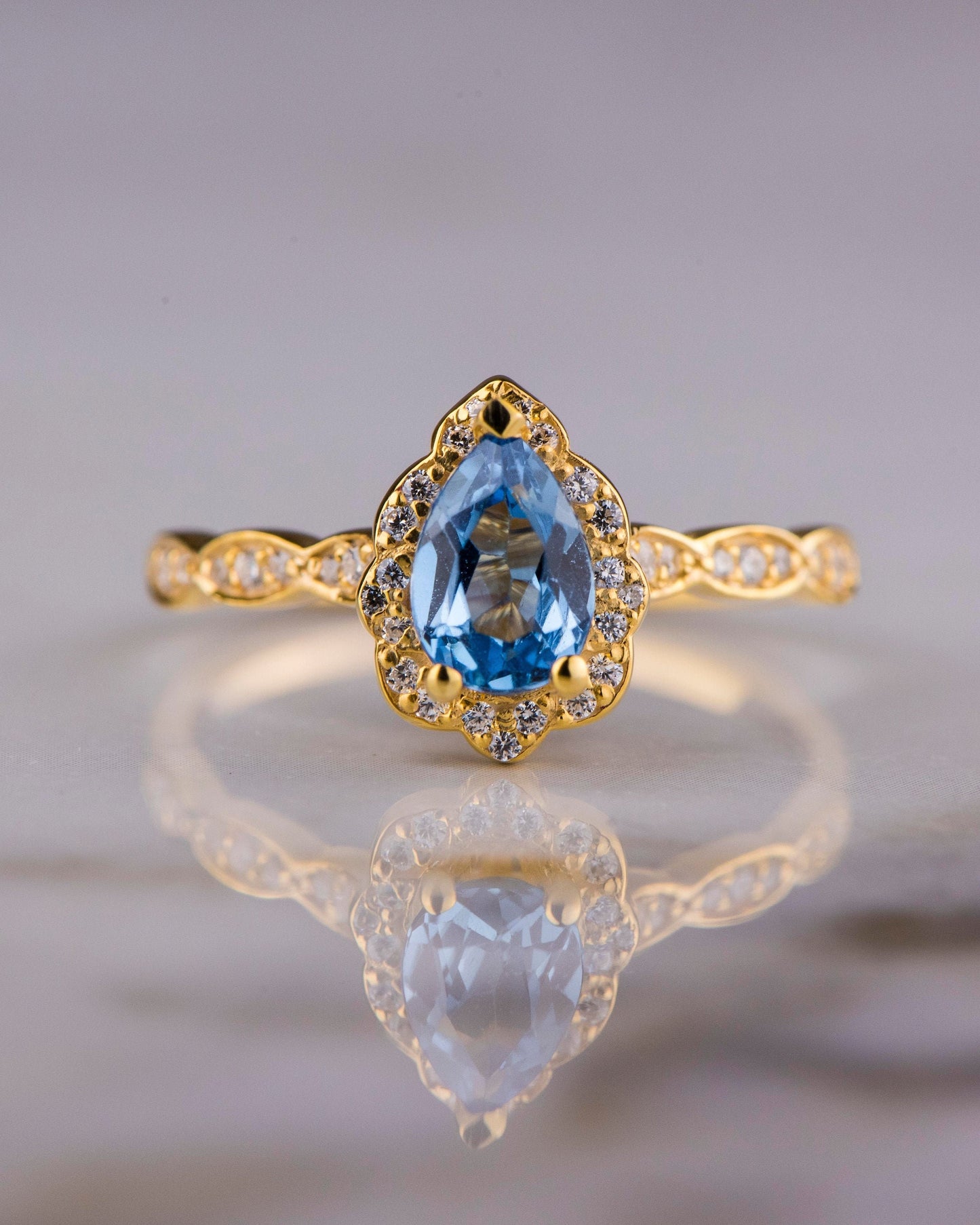 Pear Cut Blue Topaz and Diamond Ring in 14k Gold – Vintage Engagement or Mother’s Day Gift for Her